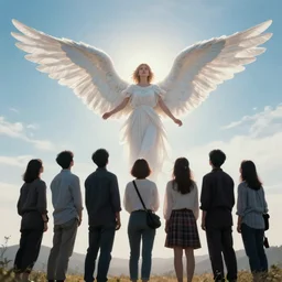 people looking to an angel appearing in the sky, 8 k