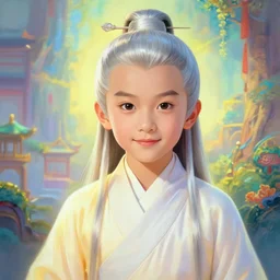 portrait painting of a 6 0 year old kind handsome taoist priest, big eyes, deep silhouette ， looks like wuyan zu ， silver ponytail hair, amiable by yangjun chen, huang guangjian, fenghua zhong, wenjun lin, nadar, bright colors, octopath traveler, unreal engine 5 highly rendered, global illumination, radiant light, detailed and intricate environment
