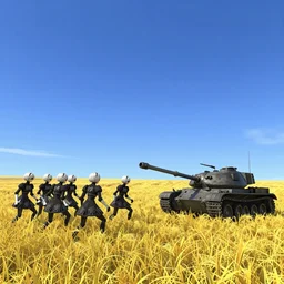 a screenshot from nier : automata, with 9 s android fighting a t 3 4 tank in yellow rye field under pure blue skies