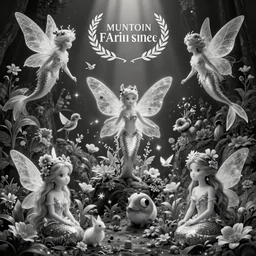 magical illustrations of ethereal fantasy creatures, beautiful fairies, mermaids and female portraits with flowers, whimsical big - eyed characters accompanied by animals and birds, greyscale, negative space