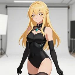 Worksafe. Pixiv manga sketch Illustration,close-up blonde princess posing in empty photo studio,wearing black leotard,black gloves,pendant,thigh highs.Accurately shaped face, contour lines.Anime style at Pixiv,Danbooru and ArtStation,by krenz cushart,makoto shinkai,tony taka,ilya kuvshinov,shirow masamune,8K HD,clean image,very sharp,high contrast,bokeh