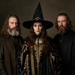 portrait of a witch, dressed in black clothes embroidered with gold, by donato giancola, gerald brom, and berthold woltze.
