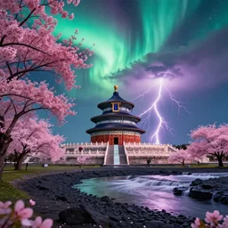 the temple of heaven on holokalani black beach of maui in royal blue antelope canyon during sakura season on an interstellar aurora borealis with heavy thunder and lightning, pink waterfalls, flowers, by peter mohrbacher, james jean, james gilleard, greg rutkowski, vincent di fate, rule of thirds, octane render, beautiful landscape