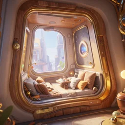 angled close up photo of a corner window in a futuristic cozy bedroom from overwatch and oblivion movie, by wlop by jungyeonmin and james jean jhonseru jsezz artstation and greg rutkowski, with some wood and gold details, biomechanical, lens orbs, global illumination, with a window overlooking a cyberpunk metropolis, lounge, architectural, volumetric lighting, granular detail, japandi, hyperrealist, ( no people in the scene ) micro details, blender, vray