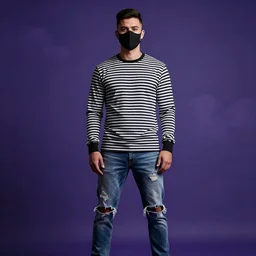 professional digital art of a full-body view of a stylish young adult man with short hair wearing a black face mask, a striped long-sleeved shirt, and ripped jeans, high quality, HD, 8K, highly detailed, award-winning, dark purple clouds