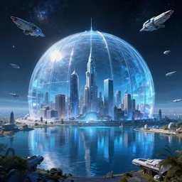 cyberpunk city, spacecrafts, glass dome in space, galaxy, stars, hyperrealistic, award winning, futuristic, photography, light diffusion, lake, blue, glass, extremely wide angle