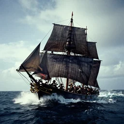 the black pearl from pirates of the caribbean sailing across rough and cruel seas, ektachrome photograph, volumetric lighting, f 8 aperture, cinematic eastman 5 3 8 4 film