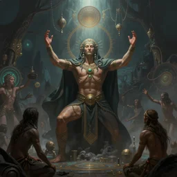 ancient psychedelic ritual by Tyler Edlin by Anato Finnstark, ultra detailed, dramatic light, digital painting, trending on artstation