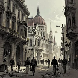 detailed ultra - realistic graphic novel illustration of cyberpunk postapocalyptic baroque budapest street by edward hopper and gregory crewdson, cinematic, full shot, ian miller, wayne barlowe, beksinski, giger, greg rutkowski