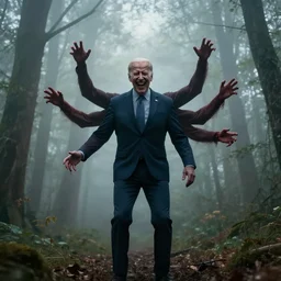 joe biden with 4 arms standing ominously far in the foggy woods with a demonic wide smile in his face in the new horror movie, creepy