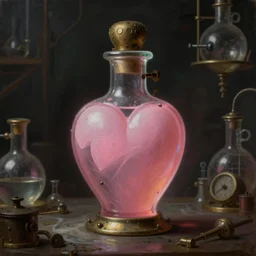 a painting of a steampunk pink hart shaped potion bottle in a dark dusty vintage science lab, by h. r. giger, hyperrealistic fantasy art, concept matte, ethereal, dreamy, digital art, trending on artstation, volumetric cinematic lighting