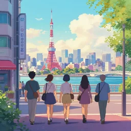 3 humans walking in a city mixed between tokyo and paris, near the see, lofi, dreamy, modofy, very colorful, anime inspiration, ghibli vibe