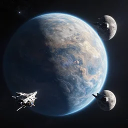 fantasy outerspace large planet looming, a moon off to the side three spaceships flying between the moon and the planet, 4k, digital art, trending on artstation, galaxy
