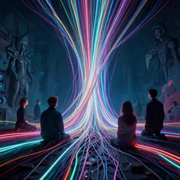 HE AWAKENED, neon, they are watching, RGB, glowing wires everywhere, pristine, by Edgar Maxence and Ross Tran, Zdzisław Beksiński, and Michael Whelan, distant, gustav dore, H.R. Giger, 8k, octane render