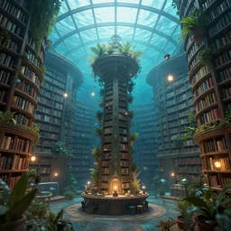 Matte painting of a underwater library of an enormous library with a glass roof. Floating lanterns, potted plants. Dynamic centralized perspective. Fantastical, detailed digital art trending in ArtStation
