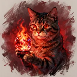 a sketch of a magical cat holding a molten glass orb, realistic cat, glowing orb of fire, by melmoth zdzislaw belsinki craig mullins yoji shinkawa, red light, vrealistic render, anime, paint smears digital art, realistic anime, dramatic lighting, red light, red highlights