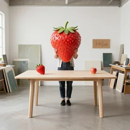 A product photoshoot of a 10ft by 10ft art studio, a strawberry is sitting at the table in the middle of the room with an apple on the table, woman his holding a sign, table is centered | 8K | high-quality