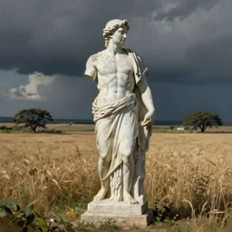 a greek statue in an empty field in the countryside by donato gioncola and michal karcz and simon stalenhag sharp digital painting. dreaming latent space. matte painting, concept art. artstation. digital render.