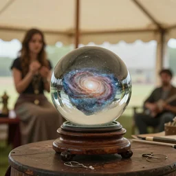 a whole galaxy inside a crystal ball standing on a mahogany stand on a table in a tent with a beautiful fortune teller woman. Highly detailed, cinematic quality, 8k
