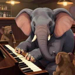 An elephant playing the piano for other animals in a bar, details, smooth, sharp focus, illustration, realistic, cinematic, artstation,, award winning, artwork by Akira Toriyama