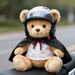 A teddy bear wearing a motorcycle helmet and cape