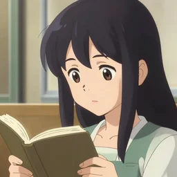 anime visual portrait of a pretty girl reading, film still from anime by [ [ [ yoshitoshi abe, serial experiments lain ] ] ], makoto shinkai, crisp and sharp, clear cute face, cel shaded