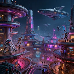 a beautiful concept art, dieselpunk 3 0 7 7, futuristic neon space colony terraced, multiple levels, people walking, cyber robotics creatures, large space ships, tron, blade runner cinematic, wayne barlow, greg rutkowski, dark night, hyper detailed, vibrant, fantasy, 8 k hdr, digital, artstation, cg