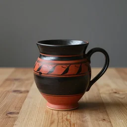 beautiful studio photograph of a hand - thrown stoneware mug in the style of greek black on red pottery on a wooden table, hyperrealism 8 k trending on artstation