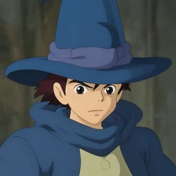 A photo of a wizard wearing a big blue hat, digital art, studio ghibli