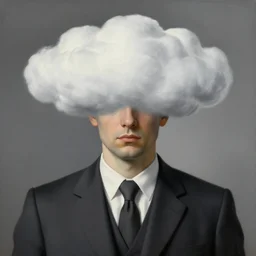 portrait of man in a suit that has cloud instead of head by rene magritte, detailed painting, hd, hq, high resolution, high detail, 4 k, 8 k