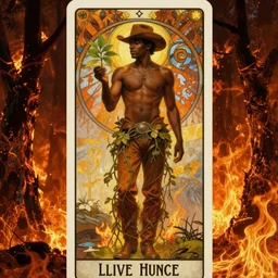 a dramatic fiery ethereal epic painting of a handsome! black cowboy offering a small plant | he is shirtless and wearing a hat and boots and draped in vines | background is a fiery! burnt burning forest | tarot card, art deco, art nouveau, homoerotic, ultrarealistic | by Alphonse Mucha | trending on artstation