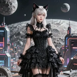 beautiful ultra realistic full body digital art of aerith gainsborough with cat ears standing in a black gothic frilly dress, by character artist chen wang. backdrop showing spectacular view of lunar cyberpunk city by greg rutkowski high quality render in unreal engine 5, artstation