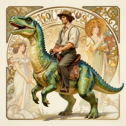 hyperdetailed portrait of a man riding a green anthropomorphic dinosaur. highly detailed portrait, digital painting, sharp focus illustration, artstation hq. intricate, elegant. wlop, greg rutkowski, alphonse mucha, medium shot. dan mumford andrei riabovitchev, marc simonetti, yoshitaka amano