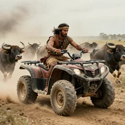 photorealistic photo of an ancient indian tribesman on ancient atv with big wooden wheels,  hunting panicked buffalo herd ,attacking, wild chase, action scene, an epic fantasy, dramatic lighting, cinematic, establishing shot, extremely high detail, photorealistic, cinematic lighting, artstation, octane render, by simon stalenhag, horizon forbidden west,old photo, high speed photography, vintage, extreme sports