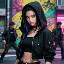 cyberpunk anime girl in hoodie, realistic face, beautiful face, grafity, alita, arcane, action, tokyo street, detail, good face, pose model, concept art, in style of yoji shinkawa, pan ren wei, col price, atey ghailan, by greg rutkowski, aesthetic