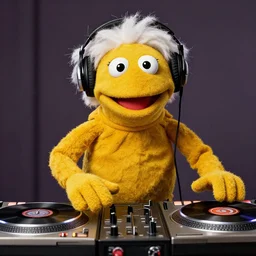 muppet Einstein wearing headphones DJing with DJ turntables