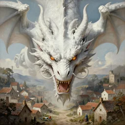 the head of an evil white dragon attacking a village, by Ciruelo Cabral, detailed, realistic, masterpiece, symmetrical