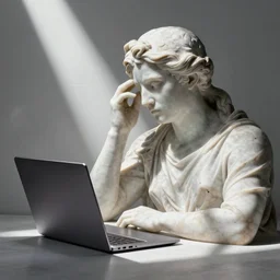 a marble statue having problems with a laptop