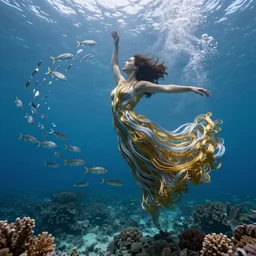 jennifer connelly dancing underwater wearing a long flowing dress made of many layers of gold and silver wire, coral sea bottom, swirling schools of silver fish, swirling smoke shapes, octane render, caustics lighting from above, cinematic, hyperdetailed