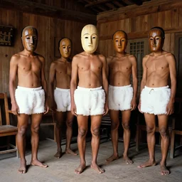 realistic photo of the people wearing wooden masks, white fluffy cotton shorts, polished and fancy, standing in the wooden room full of wooden furniture 1 9 9 0, life magazine reportage photo
