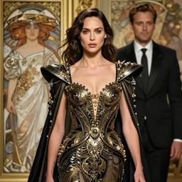 Gal Gadot wearing epic haute couture by Alexander McQueen, extremely beautiful and proportionate face, in the aesthetic of mert and marcus,  masterpiece, intricate, elegant wardrobe, highly detailed, digital painting, artstation, concept art, smooth, sharp focus, illustration, art by artgerm and james jean and greg rutkowski and alphonse mucha