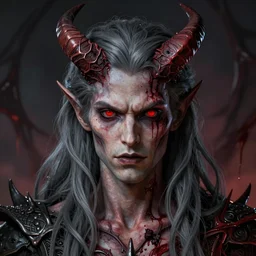 joe biden demon hybrid, red eyes, grey long hair, demon horns, bloody, details, intricate, octane render, illustration, horror background, hyperrealistic, by greg rutkowski, by dmitry prozorov, loish, and wlop