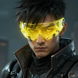 yong boy destroyed to pieces with glowing yelow visor as a realistic scifi cyberpunk knight, closeup portrait art by james jean and greg rutkowski,, realistic face, like anime, digital art, trending on artstation, 8 k