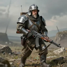 a vintage photo of a heavily armored ww 1 dwarven soldier posing with a lmg in the style of high fantasy art trending on artstation deviantart pinterest photorealistic hd 8 k highlights and shadow detailed high resolution