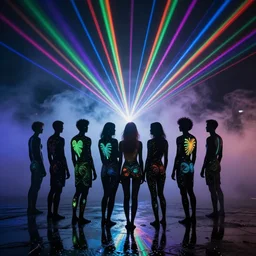 love, groups of people with glowing blacklight bodies, from behind, rebirth, beauty, wide angle, elaborate, wet, highly detailed, smoke, steam, rainbow lasers, reflections, vivid colors, beautiful lighting
