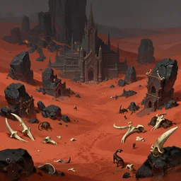 Orc City in a red sand wasteland with black rocks and cliff. Tusks, bones, leather, hide. a fantasy digital painting by Greg Rutkowski and James Gurney, trending on Artstation, highly detailed