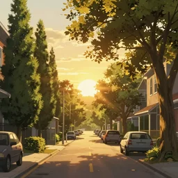 neighborhood street, uptown street, golden hour, golden sunshine, trees over road, shining sun in distance, trees, juniper trees, oak trees, cars parked in street, long street, distance, cel - shaded, raytracing, cel - shading, toon - shading, 2 0 0 1 anime, flcl, jet set radio future, drawn by artgerm