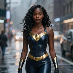vfx woman black super hero photo real, city street night lighting, rain and fog by Emmanuel Lubezki