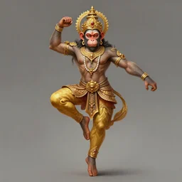 award winning full body portrait of a beautiful ornated hanuman god, detailed monkey face, golden crown, horizontally leaping!!!, legs stretched!!! intricate, elegant, highly detailed, digital painting, artstation, concept art, smooth, sharp focus, digital illustration, art by krenz cushart and artem demura and alphonse mucha