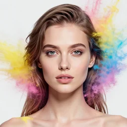 close up photography of a beautiful woman surrounded by colored powder explosions byanka zhuravleva and ary scheffer. jean james and marco mazzoni. vogue. kodak portra. bokeh!. golden hour. detailed. hq. realistic. vibrant. lens flare. canon eos r 3, 8 k, raw, symmetrical balance, in - frame